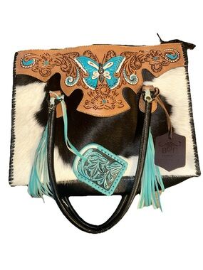 Western Leather Genuine Cowhide Purse Turquoise Tassel Hand Tooled Cowgirl Bag